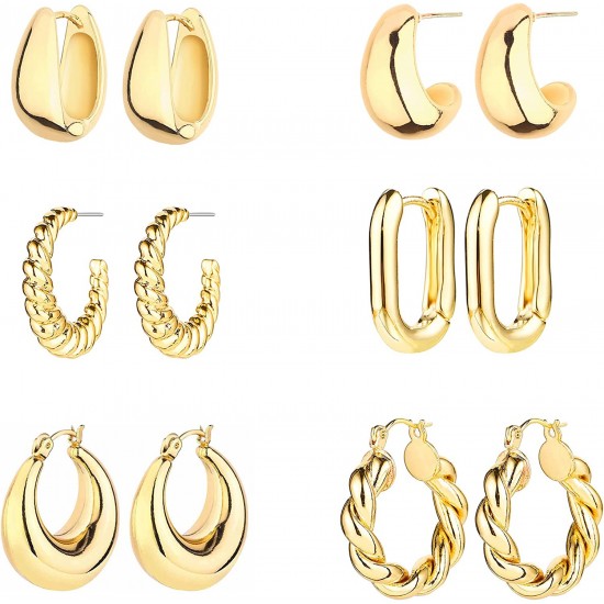 6 Pairs Hoop Earrings for Women Lightweight Chunky Hoop Earrings Multipack Hypoallergenic, Thick Open Twisted Huggie Hoops Earring Set Jewelry