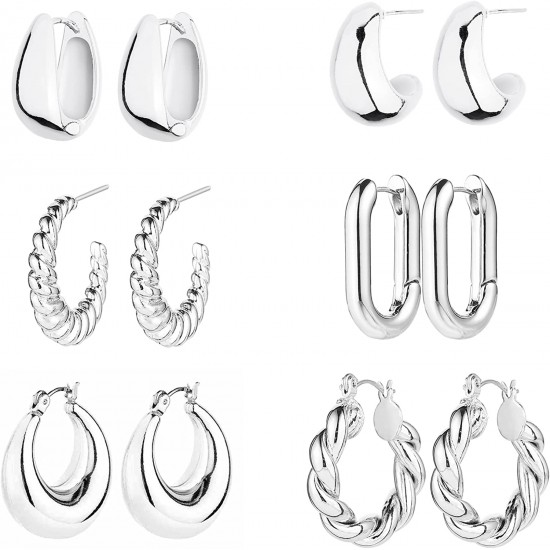 6 Pairs Hoop Earrings for Women Lightweight Chunky Hoop Earrings Multipack Hypoallergenic, Thick Open Twisted Huggie Hoops Earring Set Jewelry