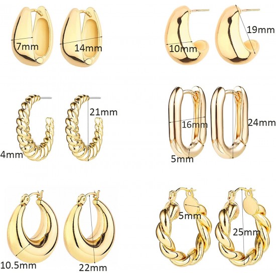 6 Pairs Hoop Earrings for Women Lightweight Chunky Hoop Earrings Multipack Hypoallergenic, Thick Open Twisted Huggie Hoops Earring Set Jewelry