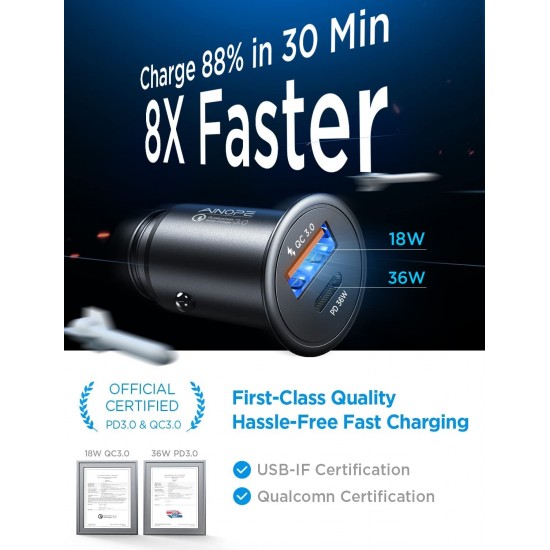 USB C Car Charger 48W iPhone Car Charger Adapter Mini Metal USB Car Charger Port PD30W&QC3.0 Car Phone Charger Fast Charging for iPhone 14 Pro Max Plus 13 12 Samsung S23/22/21 Pixel