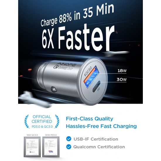 USB C Car Charger 48W iPhone Car Charger Adapter Mini Metal USB Car Charger Port PD30W&QC3.0 Car Phone Charger Fast Charging for iPhone 14 Pro Max Plus 13 12 Samsung S23/22/21 Pixel