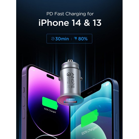 USB C Car Charger 48W iPhone Car Charger Adapter Mini Metal USB Car Charger Port PD30W&QC3.0 Car Phone Charger Fast Charging for iPhone 14 Pro Max Plus 13 12 Samsung S23/22/21 Pixel