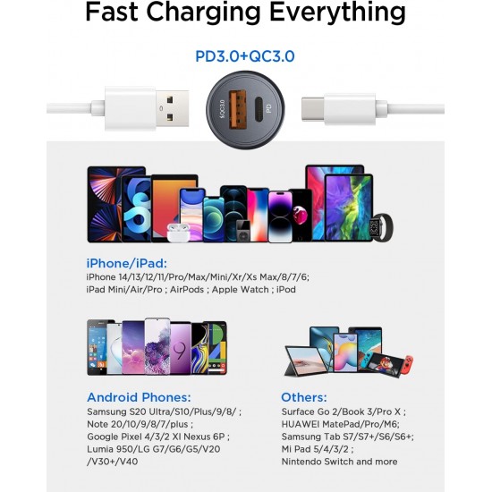 USB C Car Charger 48W iPhone Car Charger Adapter Mini Metal USB Car Charger Port PD30W&QC3.0 Car Phone Charger Fast Charging for iPhone 14 Pro Max Plus 13 12 Samsung S23/22/21 Pixel