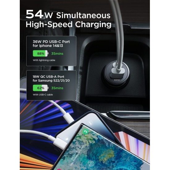 USB C Car Charger 48W iPhone Car Charger Adapter Mini Metal USB Car Charger Port PD30W&QC3.0 Car Phone Charger Fast Charging for iPhone 14 Pro Max Plus 13 12 Samsung S23/22/21 Pixel