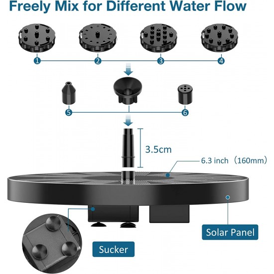 2.5W Solar Bird Bath Fountain Pump Solar Fountain Pump for Bird Bath with 6 Nozzles, 6.7 2.5W Solar Bird Bath Fountain Pump Solar Fountain Pump for Bird Bath with 6 Nozzles, 6.7