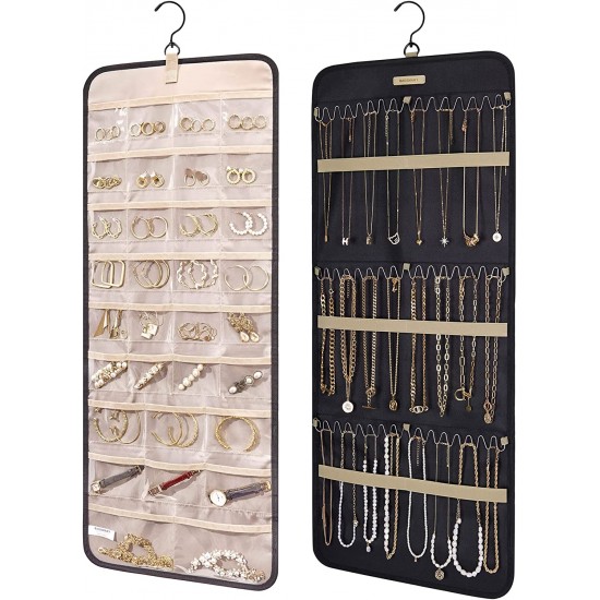 Hanging Jewelry Organizer Storage Roll with Hanger Metal Hooks Double-Sided Jewelry Holder for Earrings, Necklaces, Rings on Closet, Wall, Door