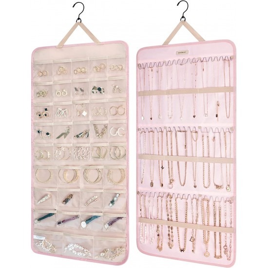 Hanging Jewelry Organizer Storage Roll with Hanger Metal Hooks Double-Sided Jewelry Holder for Earrings, Necklaces, Rings on Closet, Wall, Door