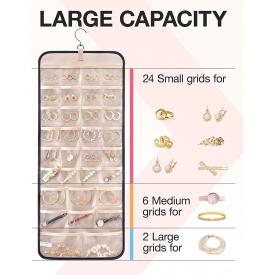 Hanging Jewelry Organizer Storage Roll with Hanger Metal Hooks Double-Sided Jewelry Holder for Earrings, Necklaces, Rings on Closet, Wall, Door