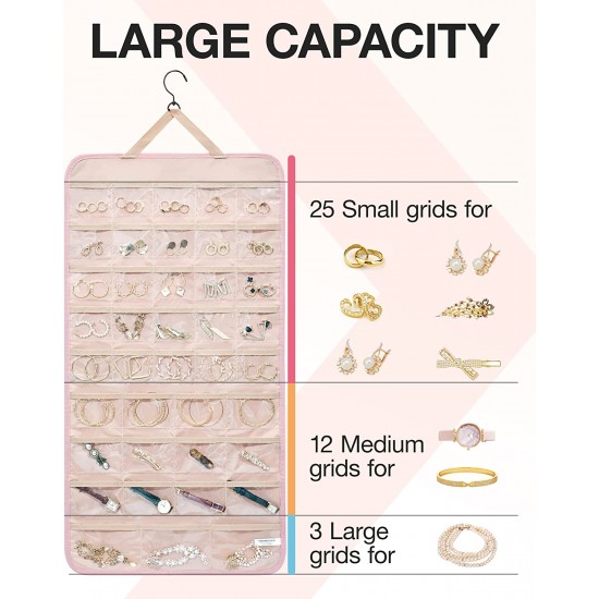 Hanging Jewelry Organizer Storage Roll with Hanger Metal Hooks Double-Sided Jewelry Holder for Earrings, Necklaces, Rings on Closet, Wall, Door