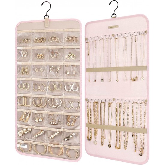 Hanging Jewelry Organizer Storage Roll with Hanger Metal Hooks Double-Sided Jewelry Holder for Earrings, Necklaces, Rings on Closet, Wall, Door