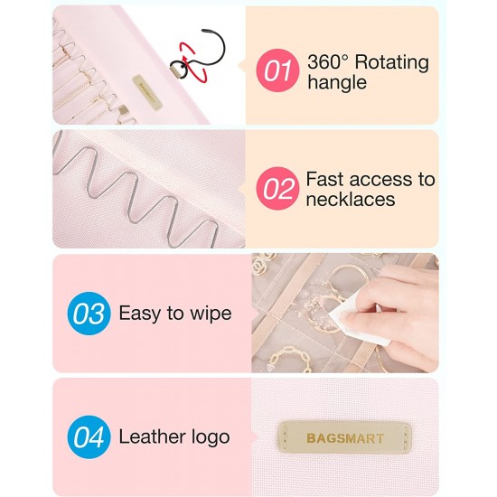 Hanging Jewelry Organizer Storage Roll with Hanger Metal Hooks Double-Sided Jewelry Holder for Earrings, Necklaces, Rings on Closet, Wall, Door