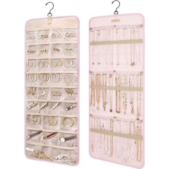 Hanging Jewelry Organizer Storage Roll with Hanger Metal Hooks Double-Sided Jewelry Holder for Earrings, Necklaces, Rings on Closet, Wall, Door