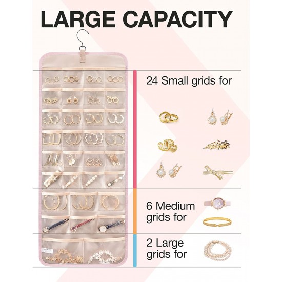 Hanging Jewelry Organizer Storage Roll with Hanger Metal Hooks Double-Sided Jewelry Holder for Earrings, Necklaces, Rings on Closet, Wall, Door