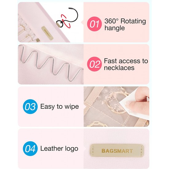 Hanging Jewelry Organizer Storage Roll with Hanger Metal Hooks Double-Sided Jewelry Holder for Earrings, Necklaces, Rings on Closet, Wall, Door