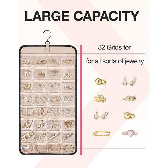 Hanging Jewelry Organizer Storage Roll with Hanger Metal Hooks Double-Sided Jewelry Holder for Earrings, Necklaces, Rings on Closet, Wall, Door