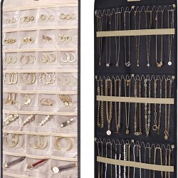 Hanging Jewelry Organizer Storage Roll with Hanger Metal Hooks Double-Sided Jewelry Holder for Earrings, Necklaces, Rings on Closet, Wall, Door Hanging Jewelry Organizer Storage Roll with Hanger Metal Hooks Double-Sided Jewelry Holder for Earrings, Necklaces, Rings on Closet, Wall, Door