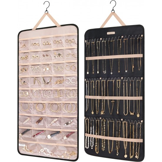 Hanging Jewelry Organizer Storage Roll with Hanger Metal Hooks Double-Sided Jewelry Holder for Earrings, Necklaces, Rings on Closet, Wall, Door