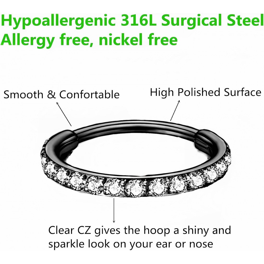 3PCS Orecchini Piercing In Acciaio Chirurgico 316L - Cerchi Con CZ Per Setto, Elice E Cartilagine 8-10mm - Foto 9