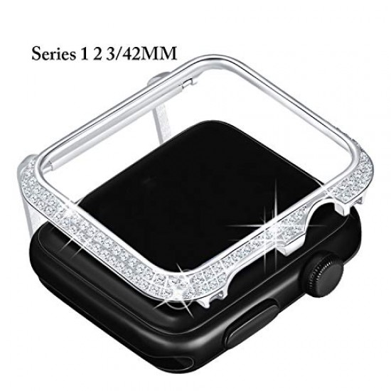 Callancity 42mm Metal Face Cover Rhinestone Crystal Diamond Bling Case Compatible Apple Watch Series 3 2 1 for Men/Women