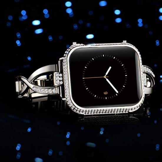 Callancity 42mm Metal Face Cover Rhinestone Crystal Diamond Bling Case Compatible Apple Watch Series 3 2 1 for Men/Women