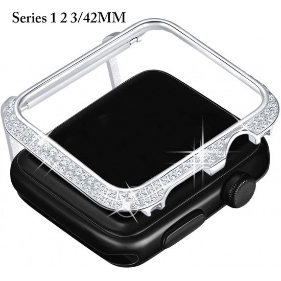 Callancity 42mm Metal Face Cover Rhinestone Crystal Diamond Bling Case Compatible Apple Watch Series 3 2 1 for Men/Women