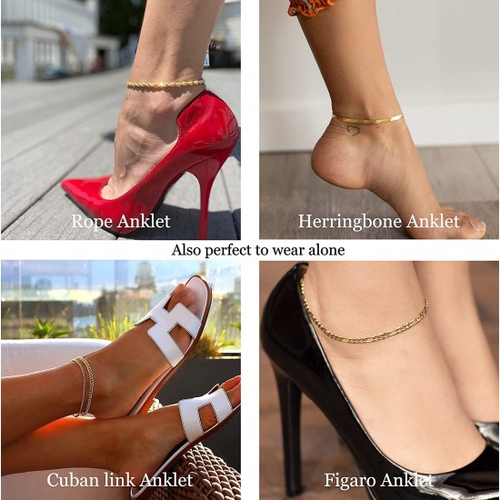 Ankle Bracelets for Women Waterproof Cuban Link Anklets Set Layered Anklet Bracelets for Women Jewelry Gift