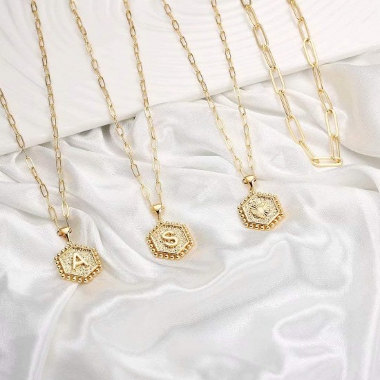 Letter 26 Initials Necklaces for Women, 14K Gold Plated Paperclip Chain Necklace Simple Cute Hexagon Letter Pendant Initial Choker Necklace Gold Layered Necklaces for Women