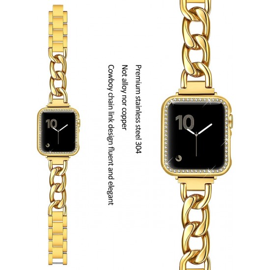 Metal Link Bands Compatible with Apple Watch 40mm 38mm 41mm 42mm 44mm 45mm Women Men, Stainless Steel Bracelet with Bling Case for Iwatch SE Series 8 7 6 5 4 3 2 1