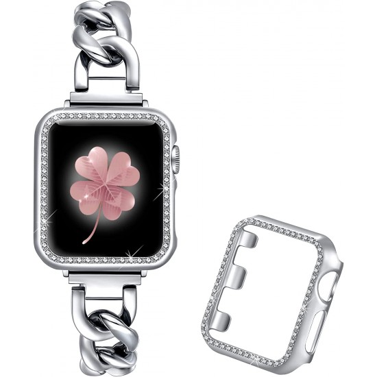 Metal Link Bands Compatible with Apple Watch 40mm 38mm 41mm 42mm 44mm 45mm Women Men, Stainless Steel Bracelet with Bling Case for Iwatch SE Series 8 7 6 5 4 3 2 1