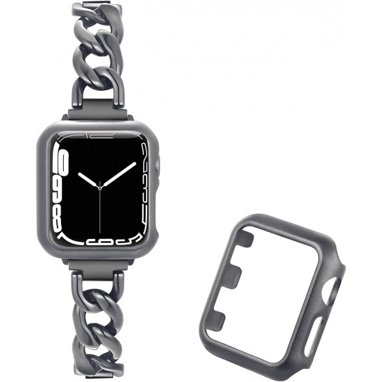 Metal Link Bands Compatible with Apple Watch 40mm 38mm 41mm 42mm 44mm 45mm Women Men, Stainless Steel Bracelet with Bling Case for Iwatch SE Series 8 7 6 5 4 3 2 1