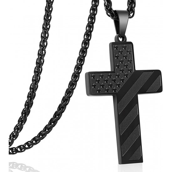 Stainless Steel USA Flag Cross Necklace Bible Verse Pendant Chain for Men Boys