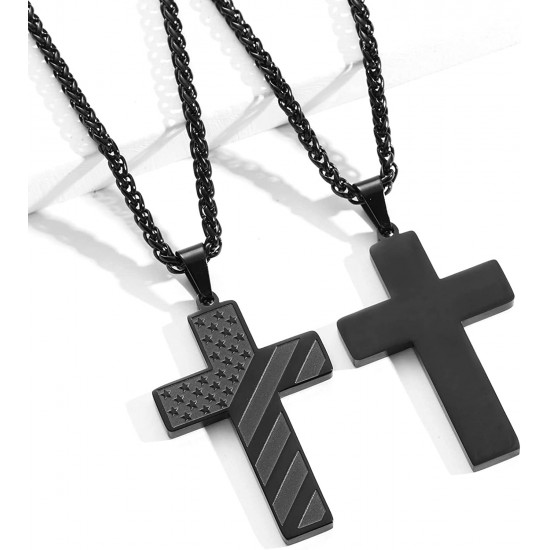 Stainless Steel USA Flag Cross Necklace Bible Verse Pendant Chain for Men Boys