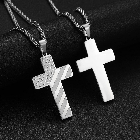 Stainless Steel USA Flag Cross Necklace Bible Verse Pendant Chain for Men Boys