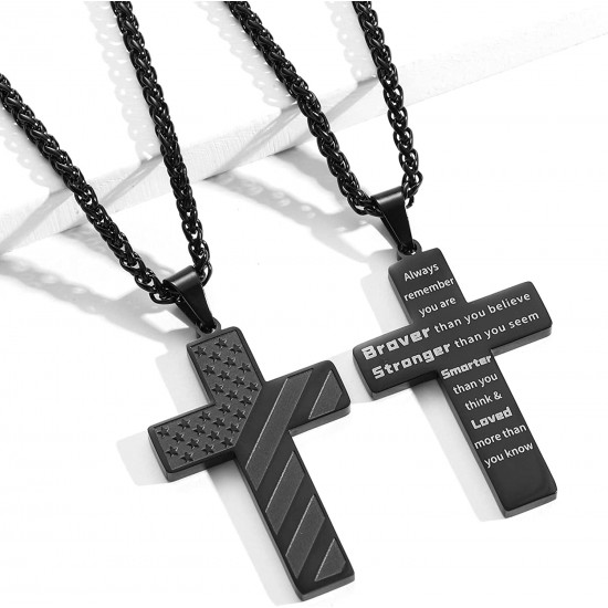 Stainless Steel USA Flag Cross Necklace Bible Verse Pendant Chain for Men Boys