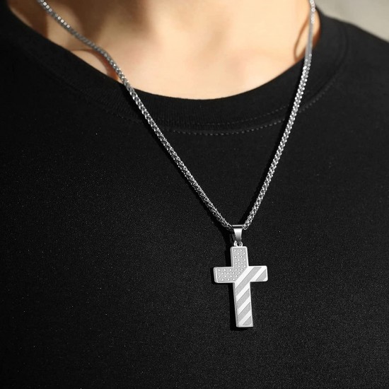 Stainless Steel USA Flag Cross Necklace Bible Verse Pendant Chain for Men Boys