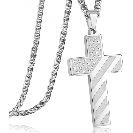 Stainless Steel USA Flag Cross Necklace Bible Verse Pendant Chain for Men Boys