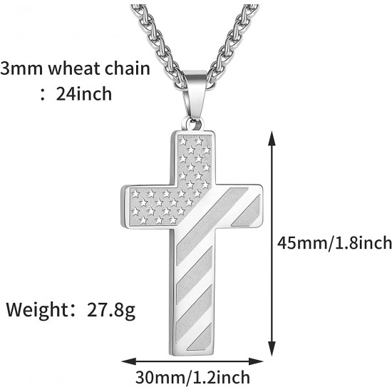 Stainless Steel USA Flag Cross Necklace Bible Verse Pendant Chain for Men Boys