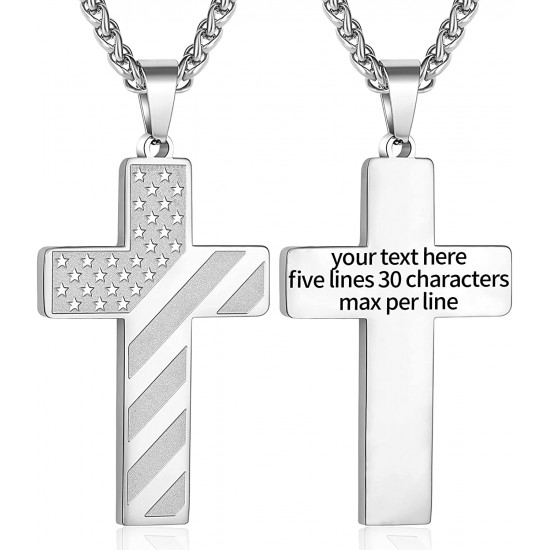 Stainless Steel USA Flag Cross Necklace Bible Verse Pendant Chain for Men Boys