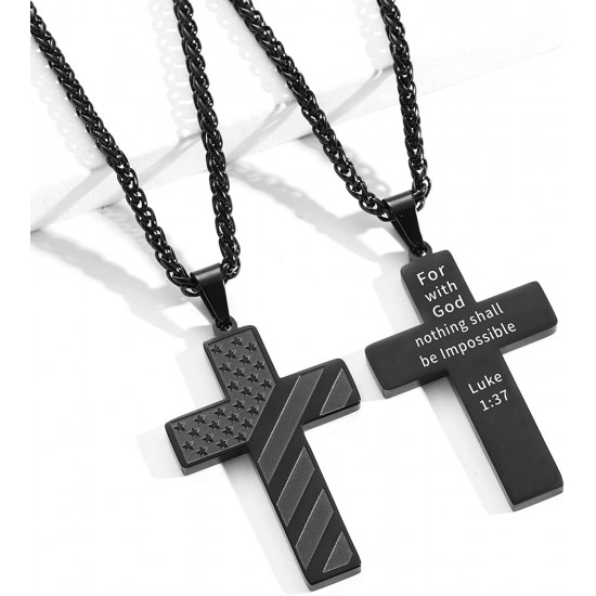 Stainless Steel USA Flag Cross Necklace Bible Verse Pendant Chain for Men Boys