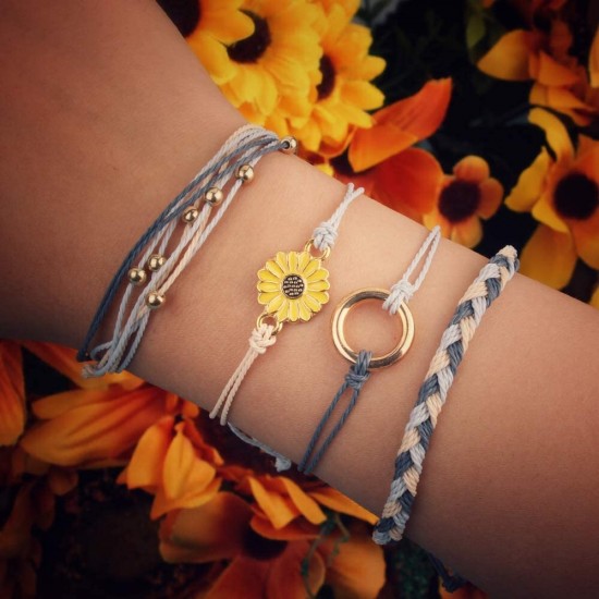 Sunflower Bracelet Handmade Braided Rope Charms Boho Surfer Bracelet for Teen Girls Women