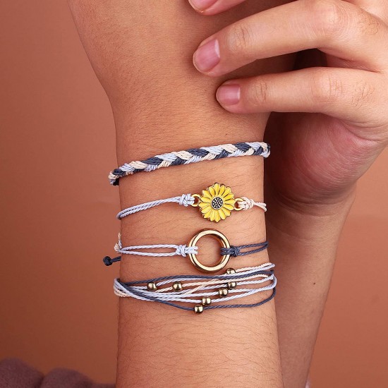 Sunflower Bracelet Handmade Braided Rope Charms Boho Surfer Bracelet for Teen Girls Women