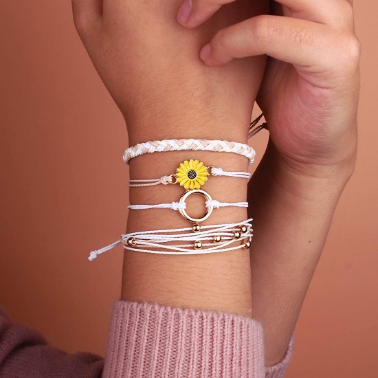 Sunflower Bracelet Handmade Braided Rope Charms Boho Surfer Bracelet for Teen Girls Women