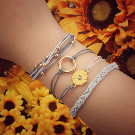 Sunflower Bracelet Handmade Braided Rope Charms Boho Surfer Bracelet for Teen Girls Women