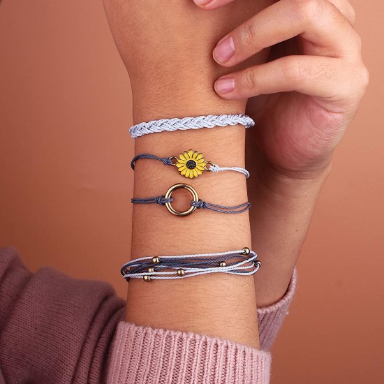 Sunflower Bracelet Handmade Braided Rope Charms Boho Surfer Bracelet for Teen Girls Women