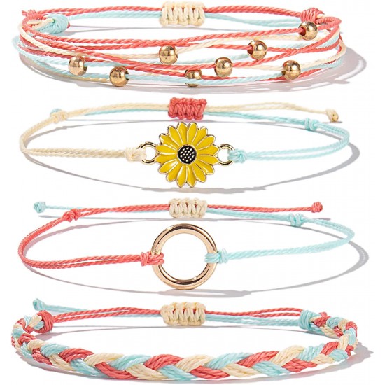 Sunflower Bracelet Handmade Braided Rope Charms Boho Surfer Bracelet for Teen Girls Women