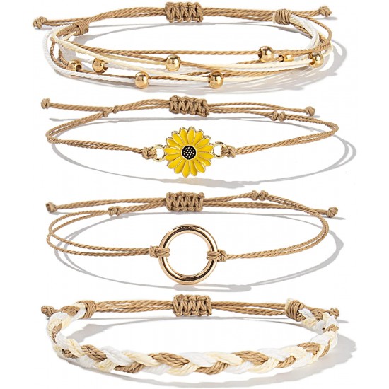 Sunflower Bracelet Handmade Braided Rope Charms Boho Surfer Bracelet for Teen Girls Women