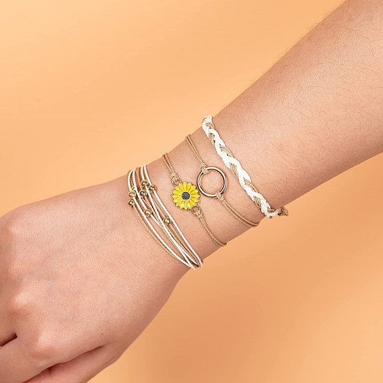 Sunflower Bracelet Handmade Braided Rope Charms Boho Surfer Bracelet for Teen Girls Women