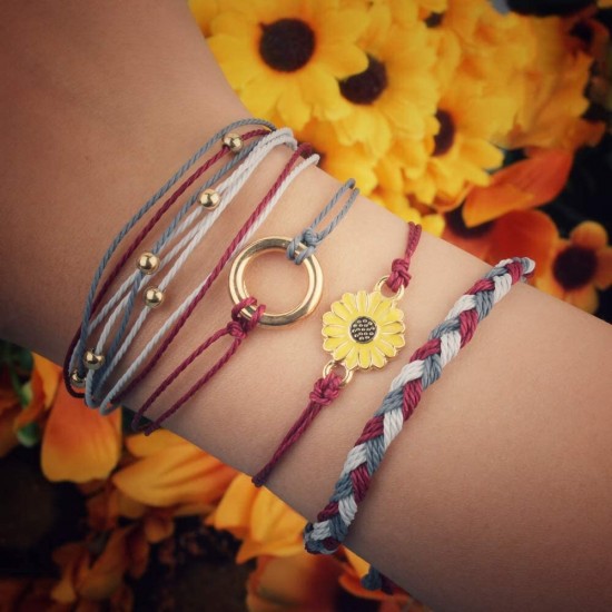 Sunflower Bracelet Handmade Braided Rope Charms Boho Surfer Bracelet for Teen Girls Women