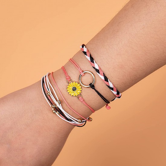 Sunflower Bracelet Handmade Braided Rope Charms Boho Surfer Bracelet for Teen Girls Women