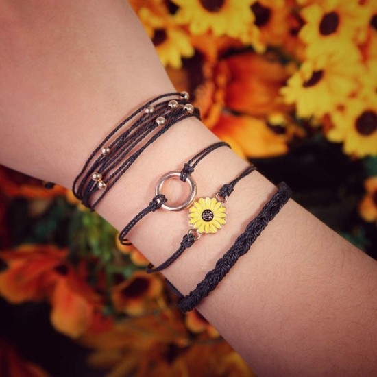 Sunflower Bracelet Handmade Braided Rope Charms Boho Surfer Bracelet for Teen Girls Women